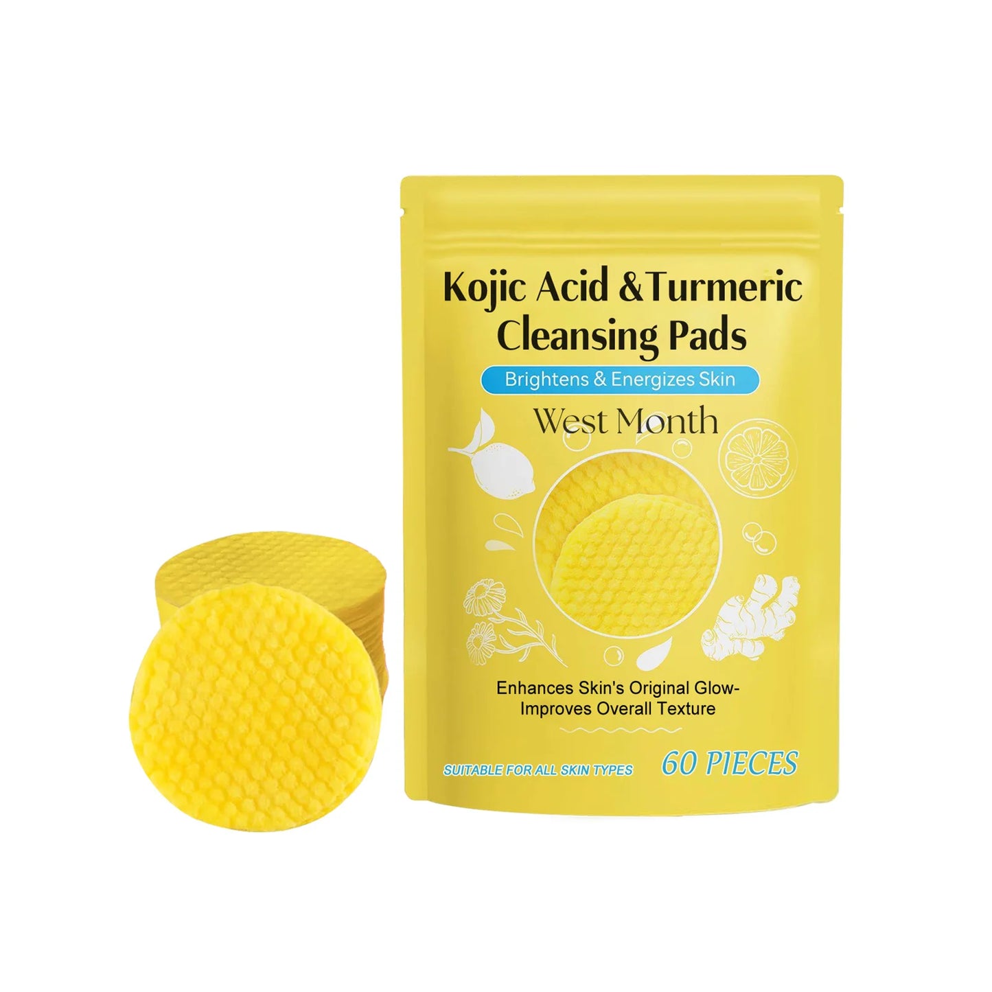 60pcs Kojic Acid Turmeric Exfoliating Cleansing Pads Glow Facial Wash Remove Dead Skin Acne Melanin Hydrate Face Pads