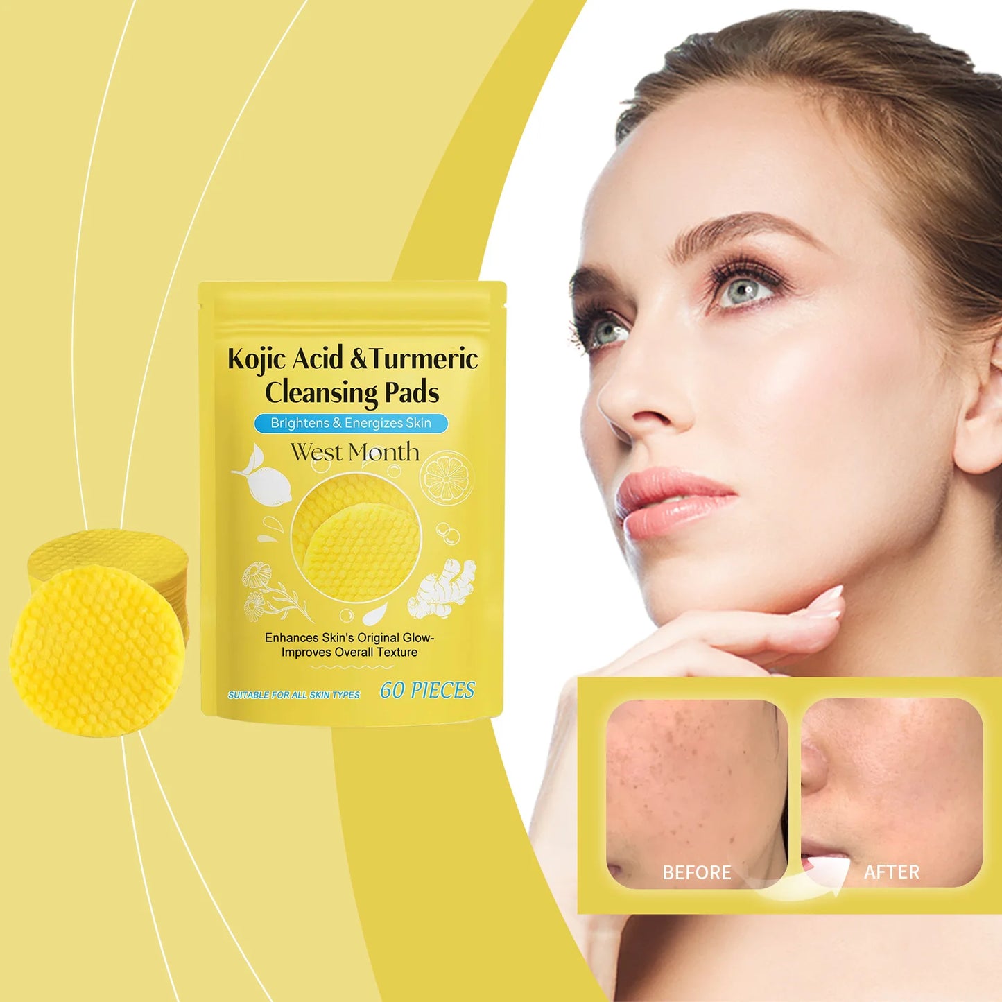 60pcs Kojic Acid Turmeric Exfoliating Cleansing Pads Glow Facial Wash Remove Dead Skin Acne Melanin Hydrate Face Pads