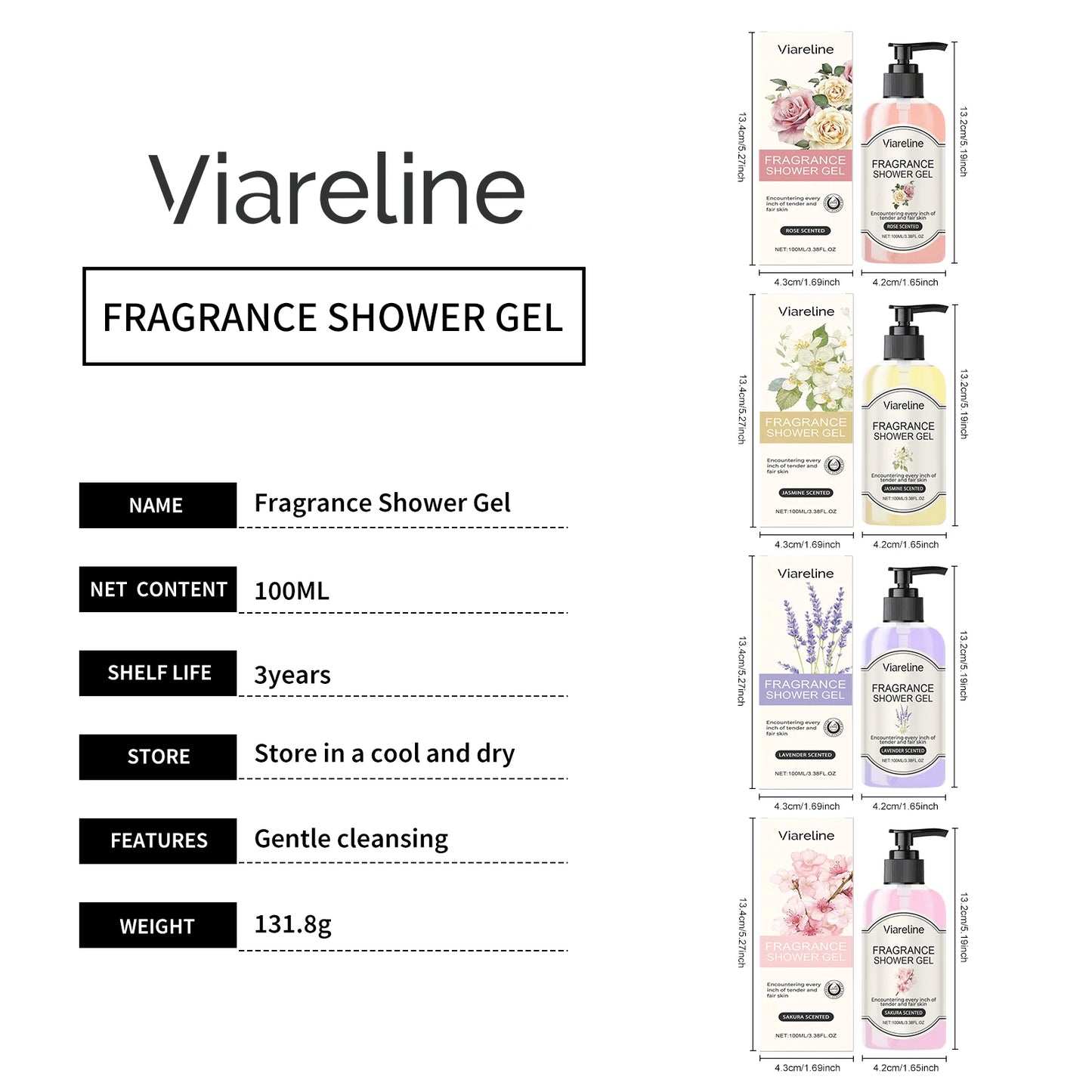 Viareline 100ml Floral Fragrance Shower Gel Series Moisturizing Care Skin Repair Dry Rough Skin Lasting Scent Exfoliate Bath Gel