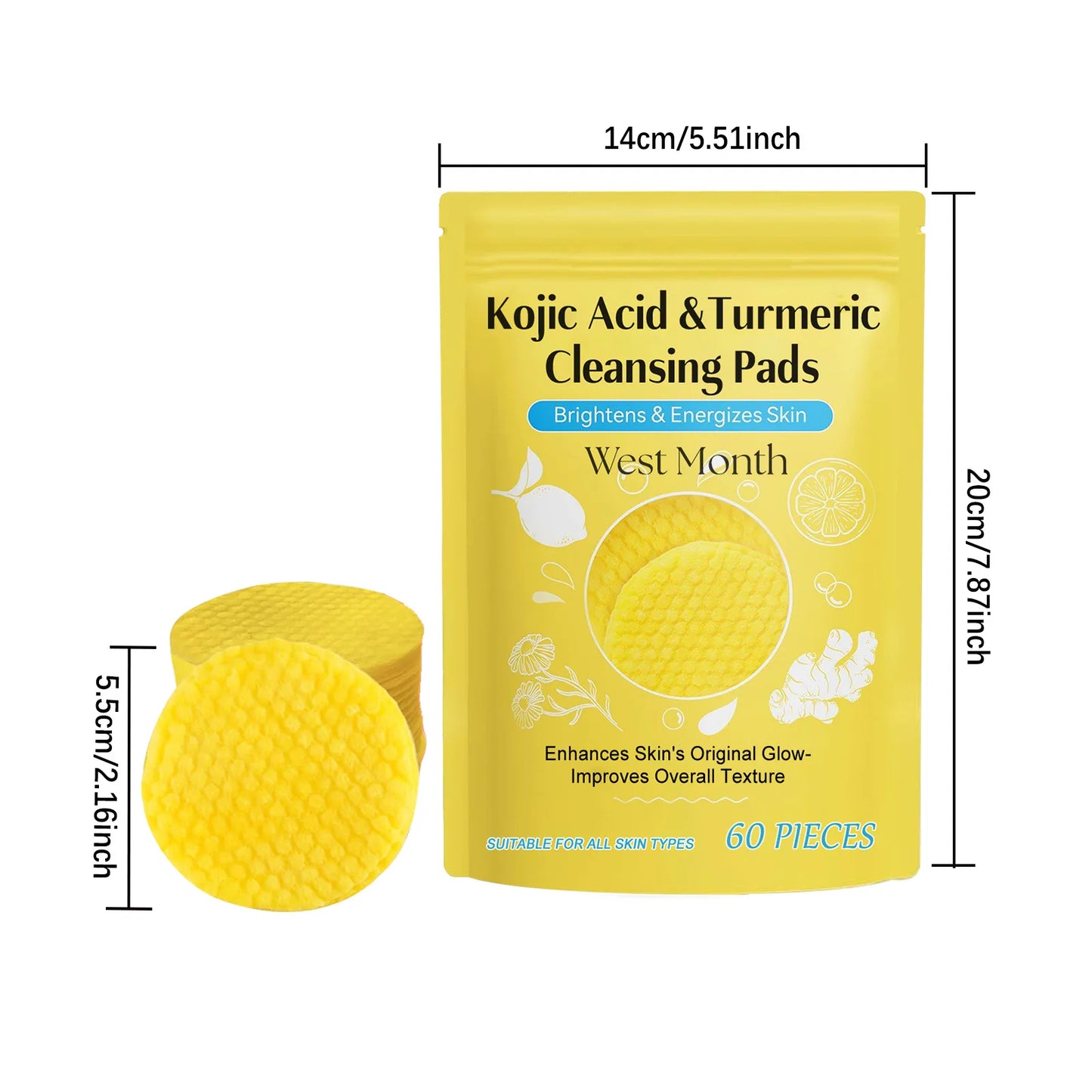 60pcs Kojic Acid Turmeric Exfoliating Cleansing Pads Glow Facial Wash Remove Dead Skin Acne Melanin Hydrate Face Pads