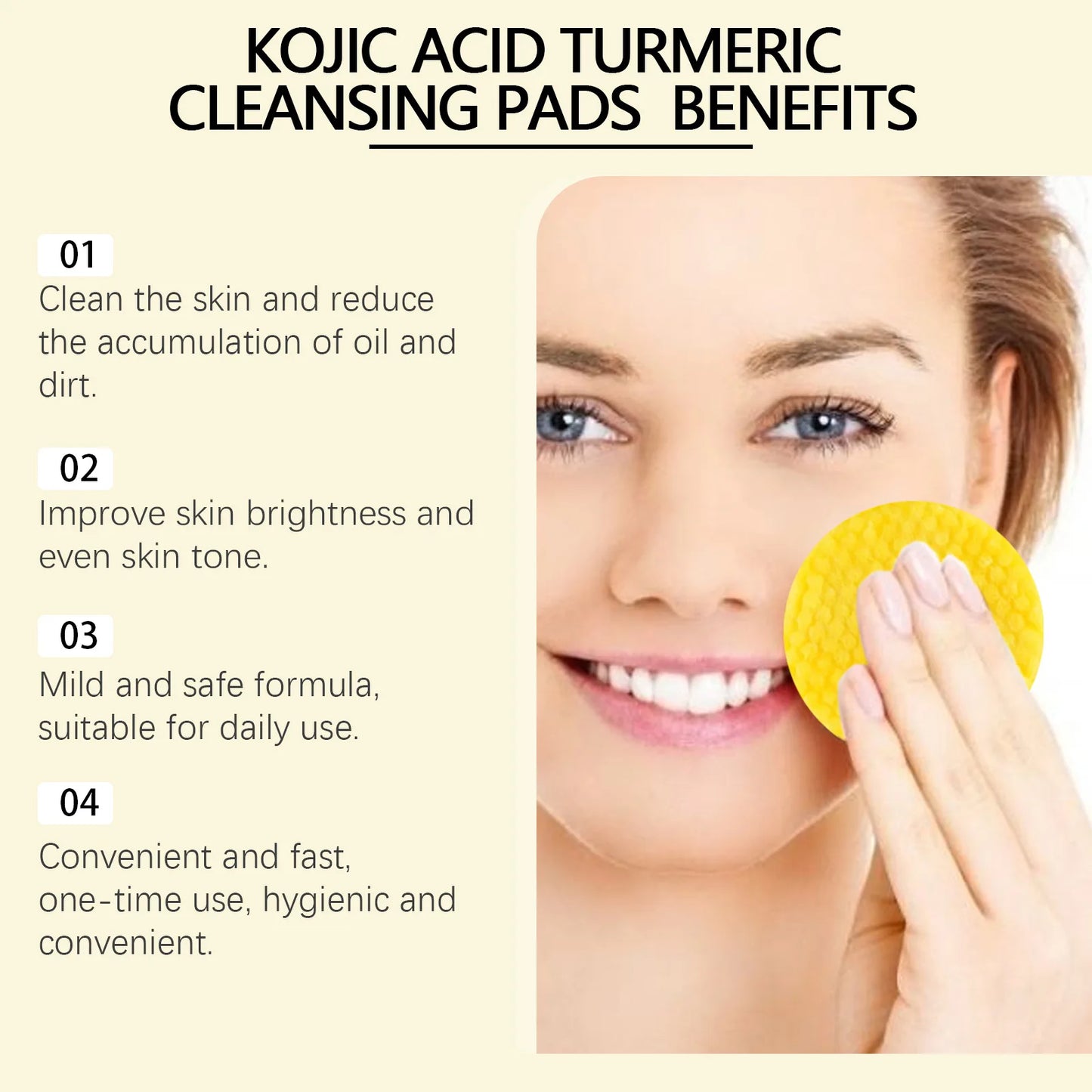60pcs Kojic Acid Turmeric Exfoliating Cleansing Pads Glow Facial Wash Remove Dead Skin Acne Melanin Hydrate Face Pads