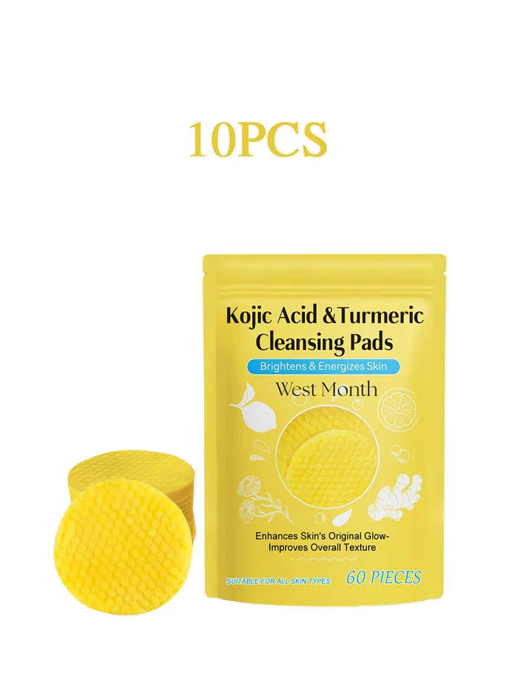 60pcs Kojic Acid Turmeric Exfoliating Cleansing Pads Glow Facial Wash Remove Dead Skin Acne Melanin Hydrate Face Pads