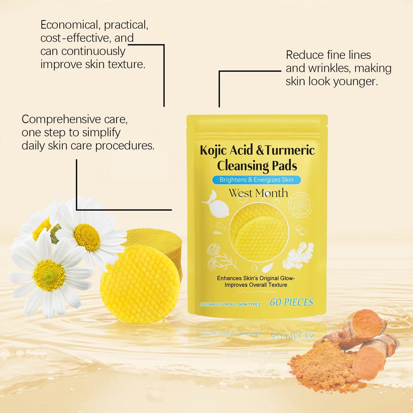60pcs Kojic Acid Turmeric Exfoliating Cleansing Pads Glow Facial Wash Remove Dead Skin Acne Melanin Hydrate Face Pads