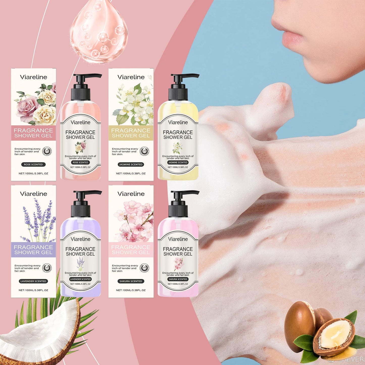 Viareline 100ml Floral Fragrance Shower Gel Series Moisturizing Care Skin Repair Dry Rough Skin Lasting Scent Exfoliate Bath Gel