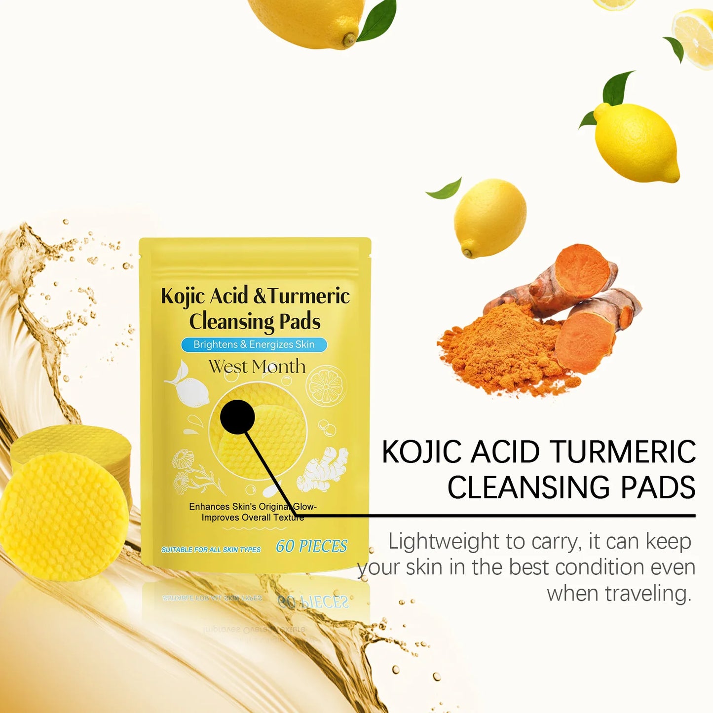 60pcs Kojic Acid Turmeric Exfoliating Cleansing Pads Glow Facial Wash Remove Dead Skin Acne Melanin Hydrate Face Pads