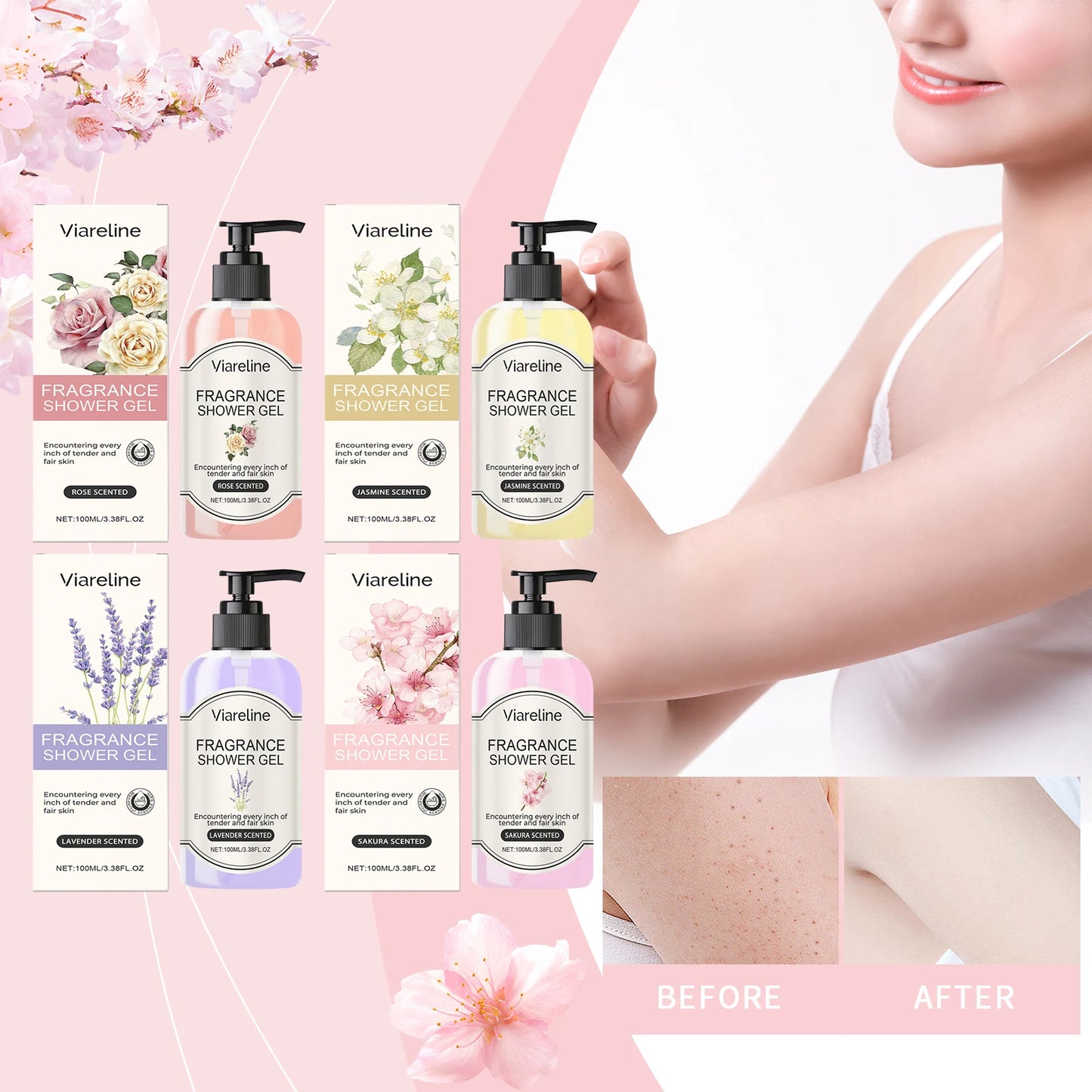 Viareline 100ml Floral Fragrance Shower Gel Series Moisturizing Care Skin Repair Dry Rough Skin Lasting Scent Exfoliate Bath Gel