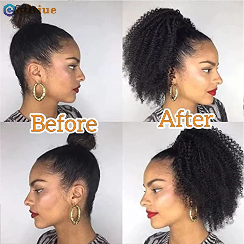 Kinky Curly Hair Extensions Drawstring Puff Ponytail Brazilian Real Human