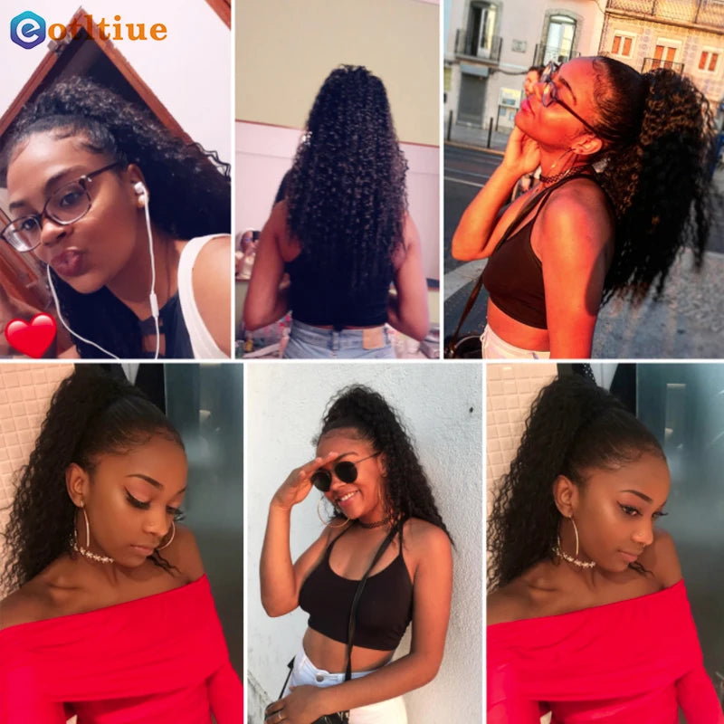 Kinky Curly Hair Extensions Drawstring Puff Ponytail Brazilian Real Human