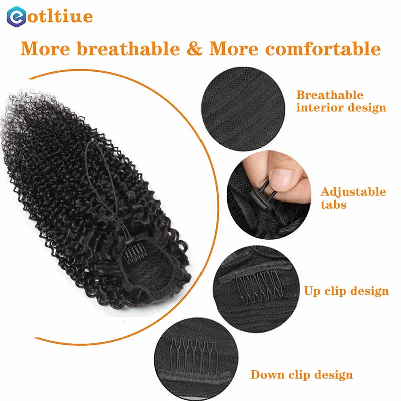 Kinky Curly Hair Extensions Drawstring Puff Ponytail Brazilian Real Human