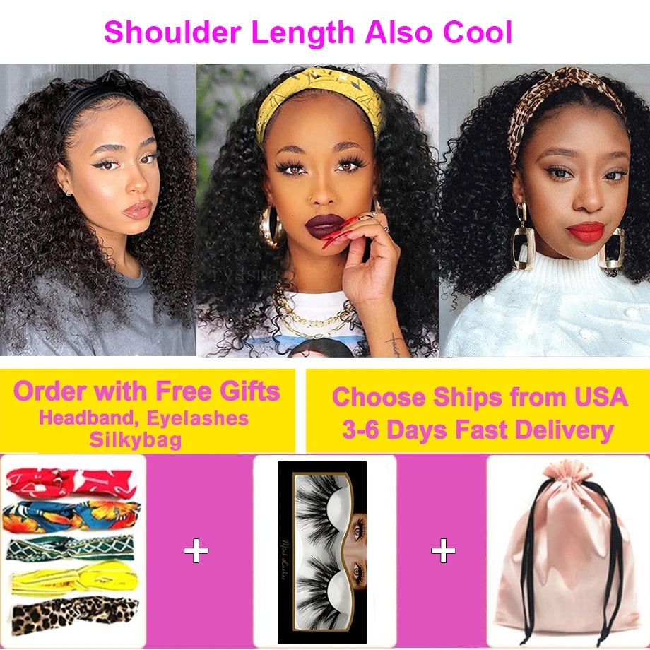 Brazilian Kinky Curly Headband Wigs Human Hair 8-30 Inch Remy Kinky Curly Human Hair Wigs For Women Easy to Wear 180% Yarra Hair