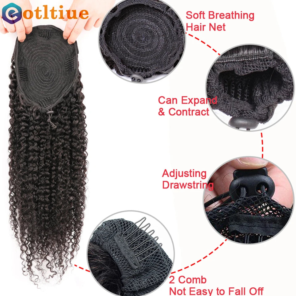 Kinky Curly Hair Extensions Drawstring Puff Ponytail Brazilian Real Human