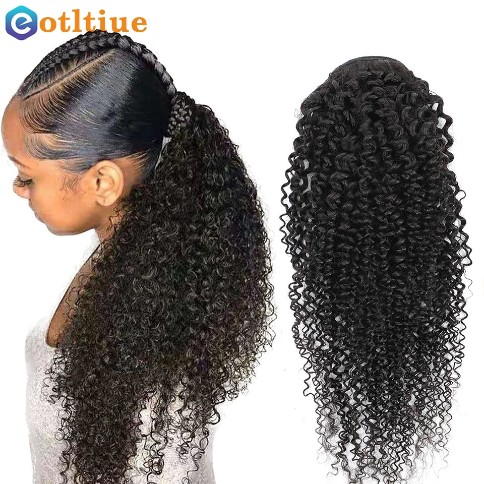 Kinky Curly Hair Extensions Drawstring Puff Ponytail Brazilian Real Human