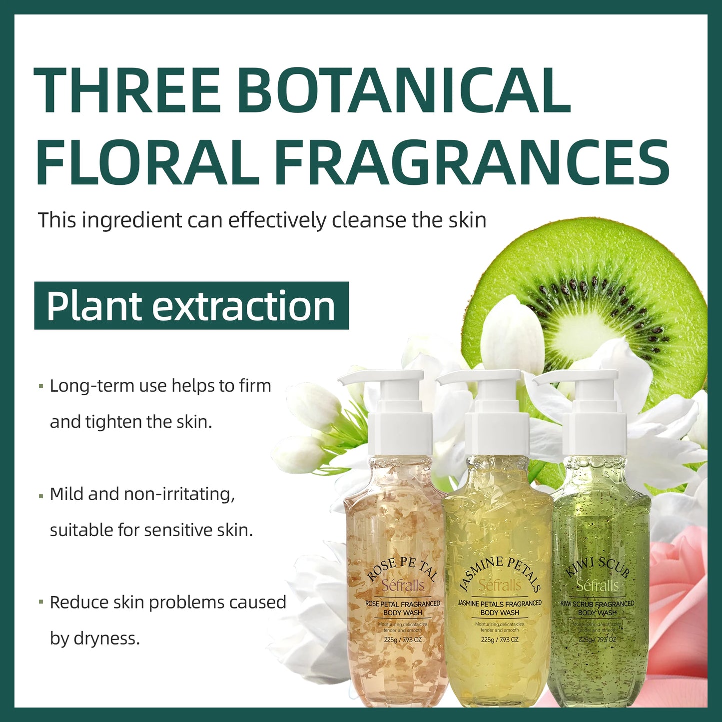 Rose Jasmine Kiwi Shower Gel 3pcs + Strawberry Body Scrub 150g