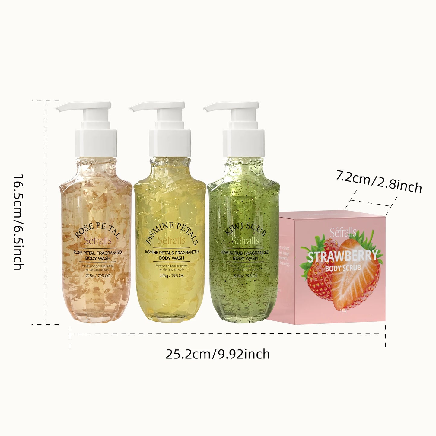 Rose Jasmine Kiwi Shower Gel 3pcs + Strawberry Body Scrub 150g