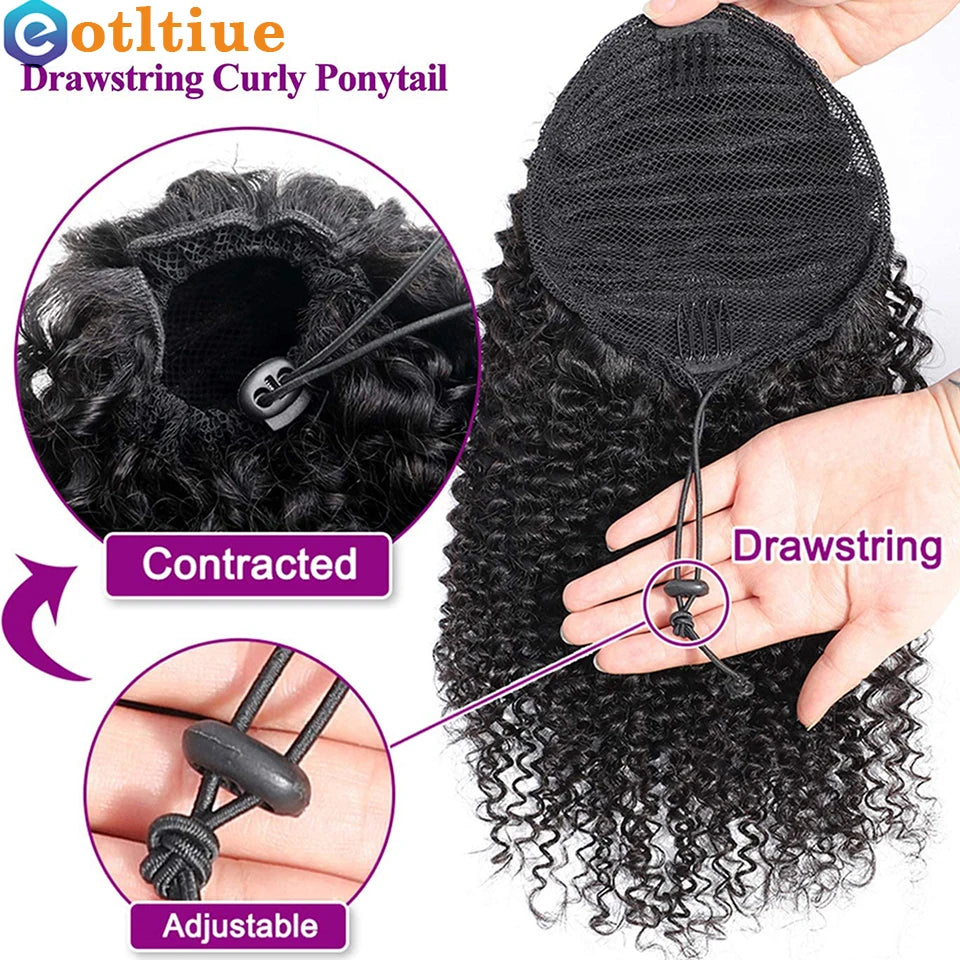 Kinky Curly Hair Extensions Drawstring Puff Ponytail Brazilian Real Human