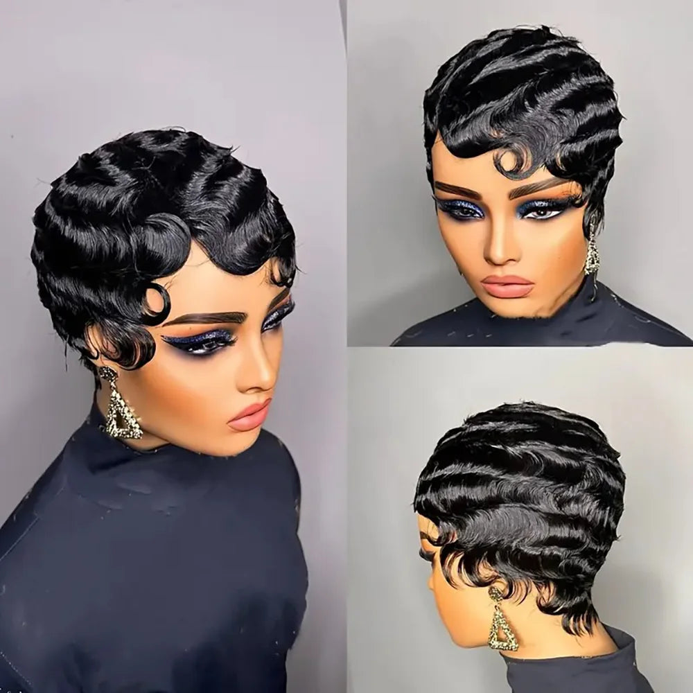 Short Finger Wave Wig Human Hair Wig For Women Brown Short