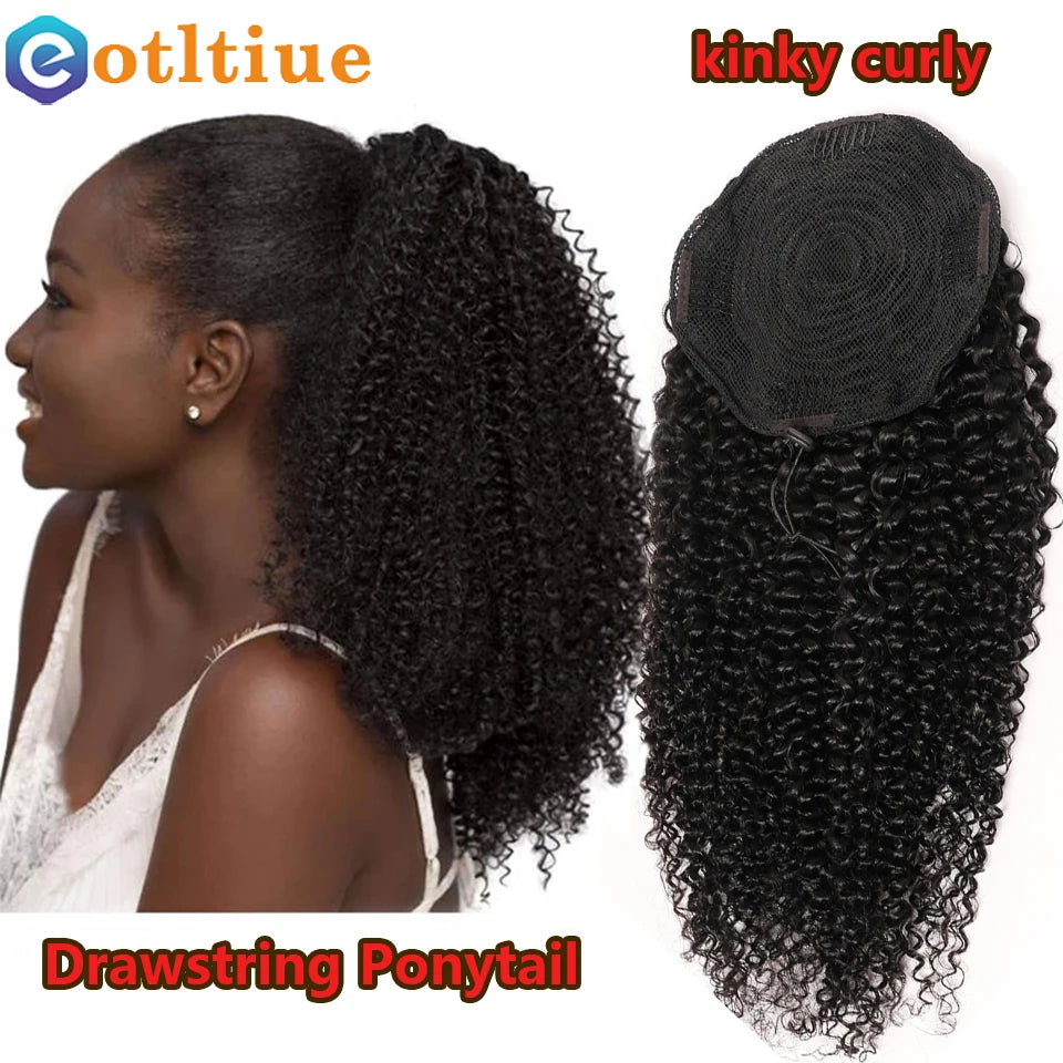 Kinky Curly Hair Extensions Drawstring Puff Ponytail Brazilian Real Human