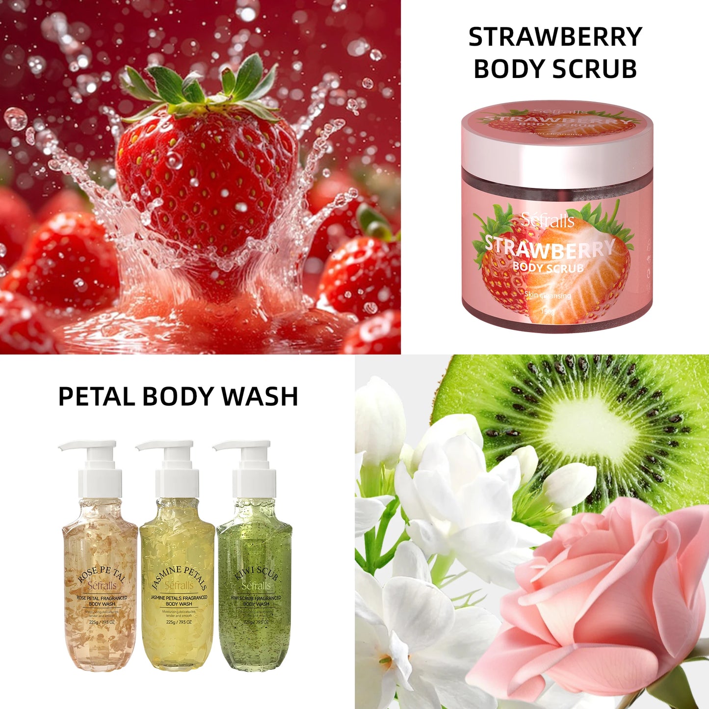 Rose Jasmine Kiwi Shower Gel 3pcs + Strawberry Body Scrub 150g