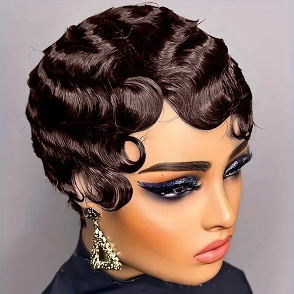 Short Finger Wave Wig Human Hair Wig For Women Brown Short
