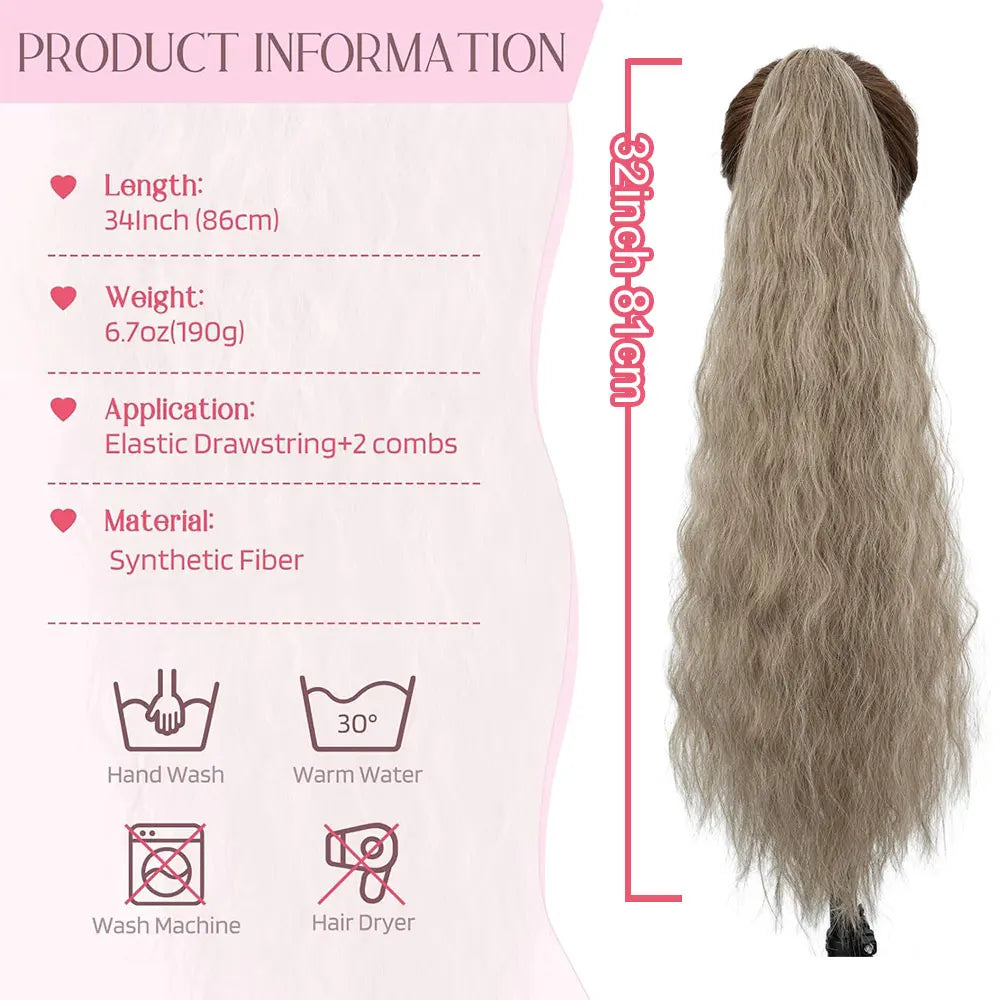 32" Long Curly Drawstring Ponytail Synthetic Hairpiece for Women Blonde Black Ponytail Clip in Hair Extensions for Daily Cosplay