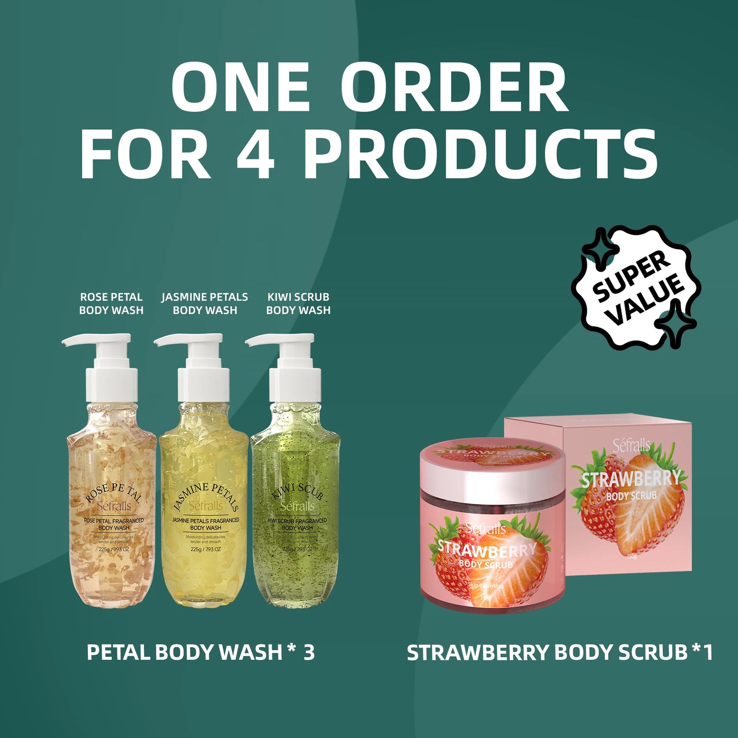Rose Jasmine Kiwi Shower Gel 3pcs + Strawberry Body Scrub 150g