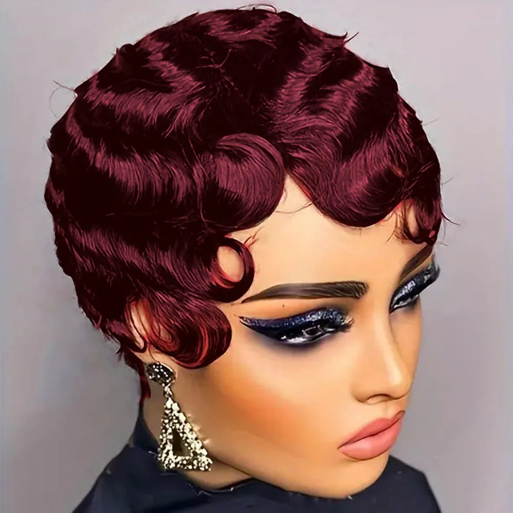 Short Finger Wave Wig Human Hair Wig For Women Brown Short