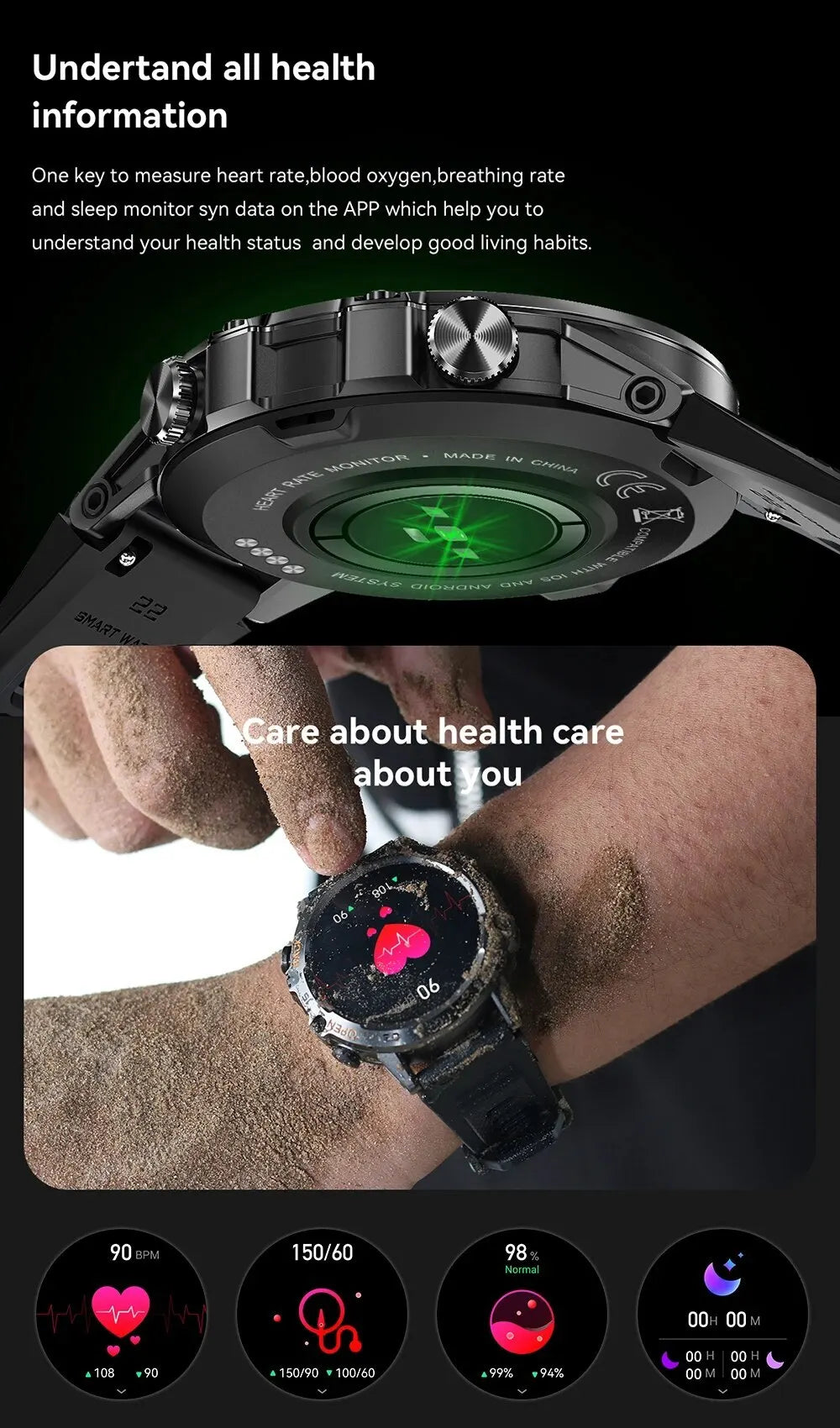 Smartwatch 1.39" Bluetooth Fitness Heart Rate Health For Android IOS