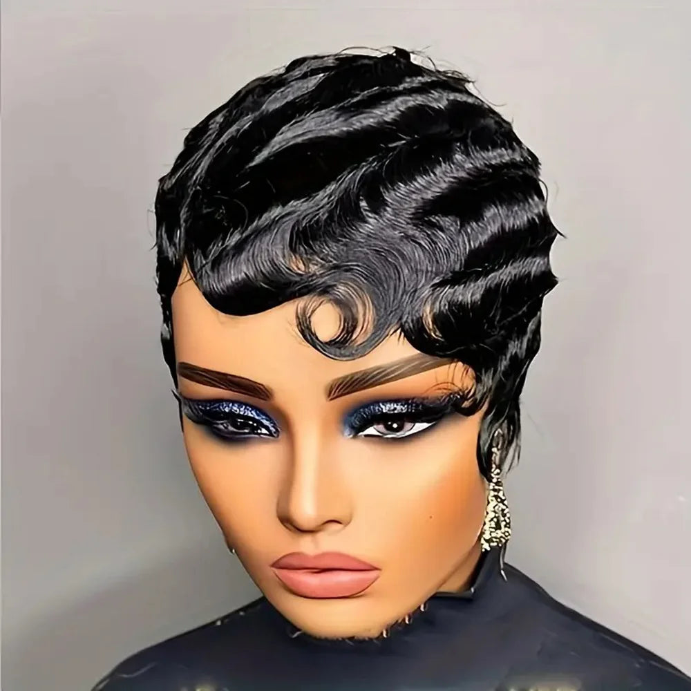 Short Finger Wave Wig Human Hair Wig For Women Brown Short