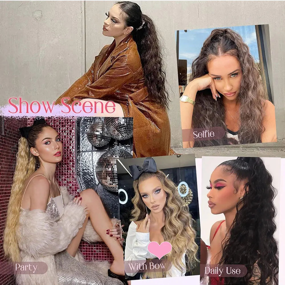 32" Long Curly Drawstring Ponytail Synthetic Hairpiece for Women Blonde Black Ponytail Clip in Hair Extensions for Daily Cosplay
