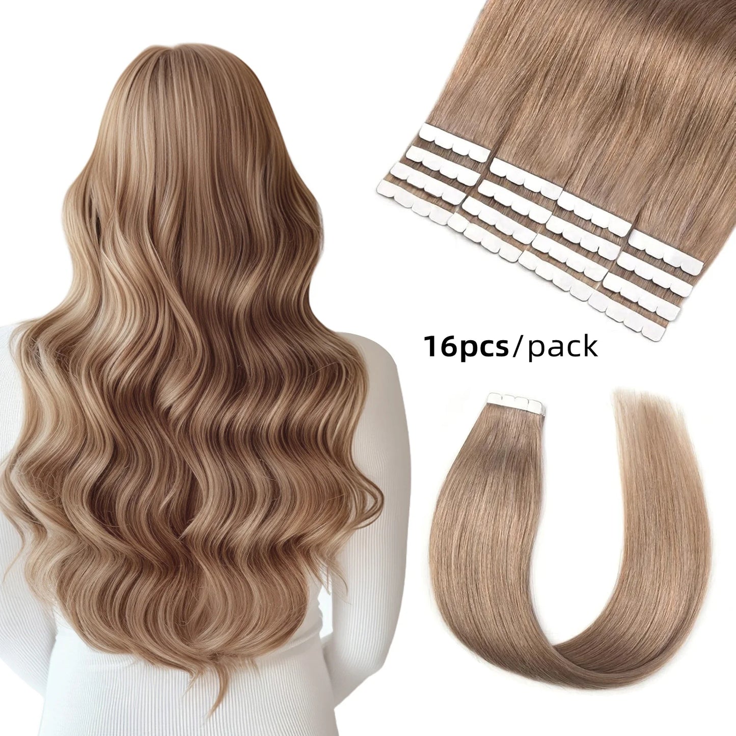 16pcs Ash Brown Mini Tape In 100% Human Hair Extensions Strap Seamless Invisible Straight Strap Real Human Hair 12''-24''