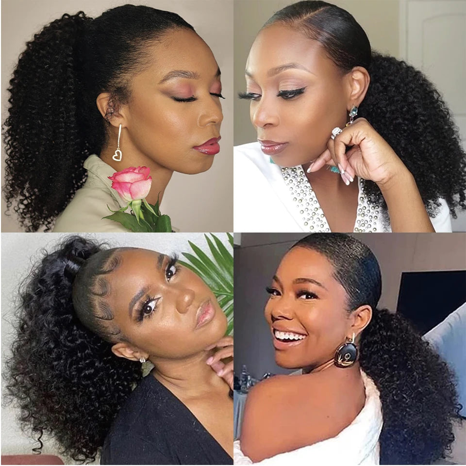 Kinky Curly Hair Extensions Drawstring Puff Ponytail Brazilian Real Human