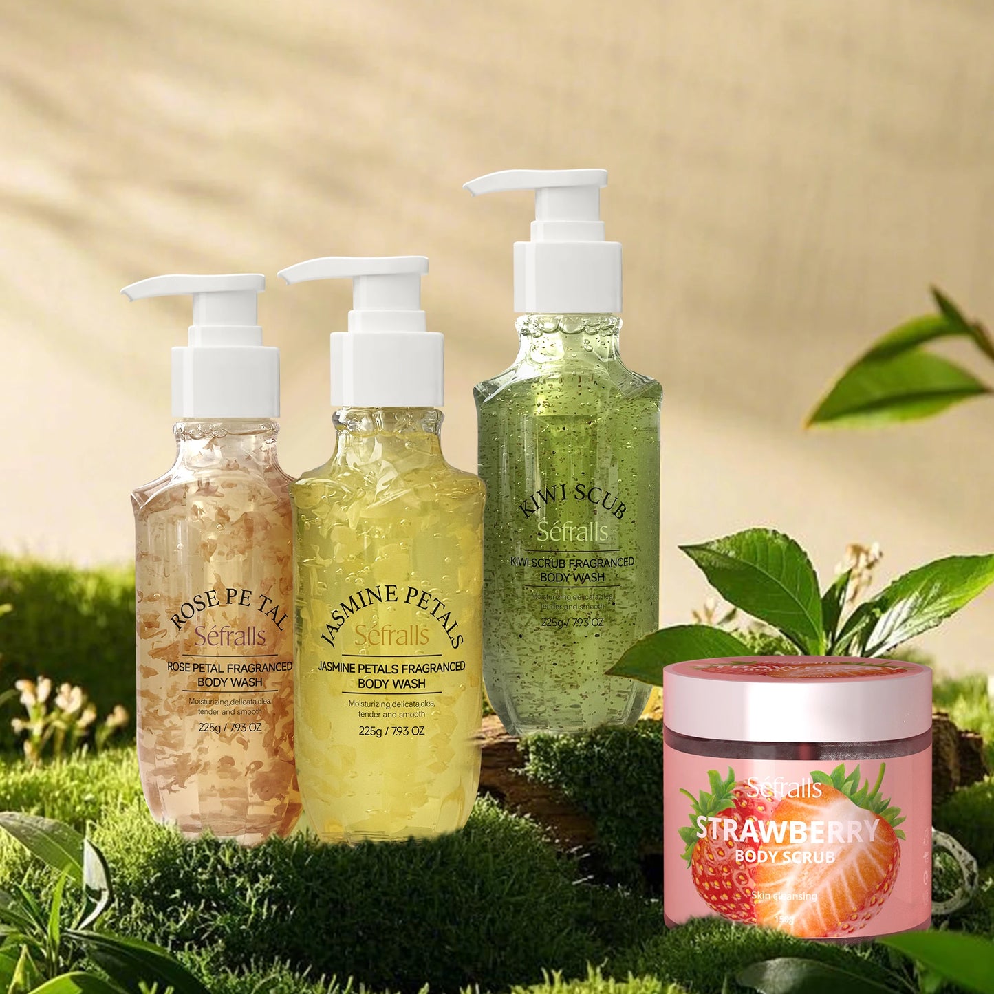 Rose Jasmine Kiwi Shower Gel 3pcs + Strawberry Body Scrub 150g