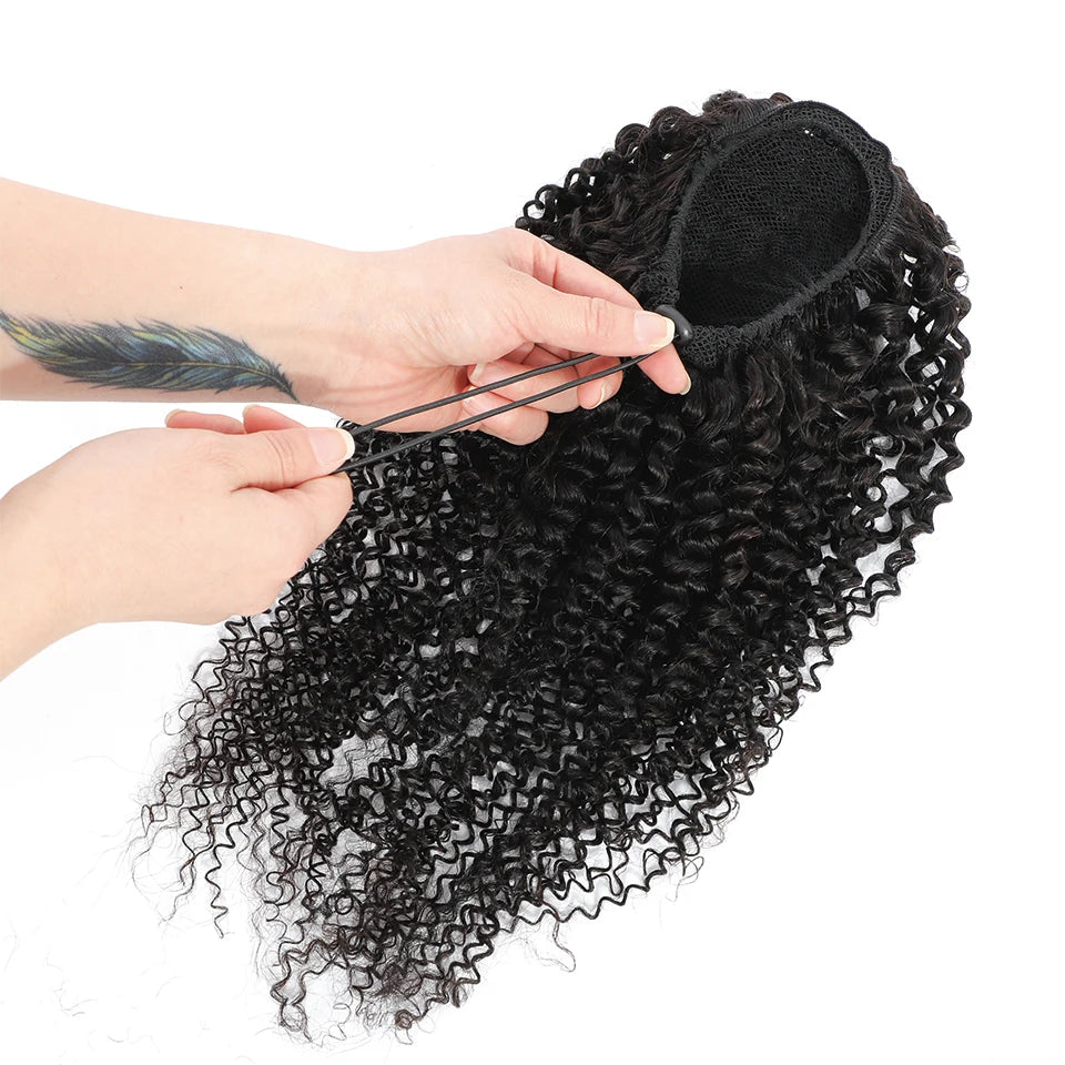 Kinky Curly Hair Extensions Drawstring Puff Ponytail Brazilian Real Human