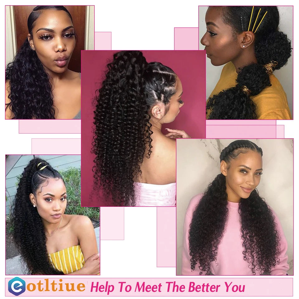 Kinky Curly Hair Extensions Drawstring Puff Ponytail Brazilian Real Human