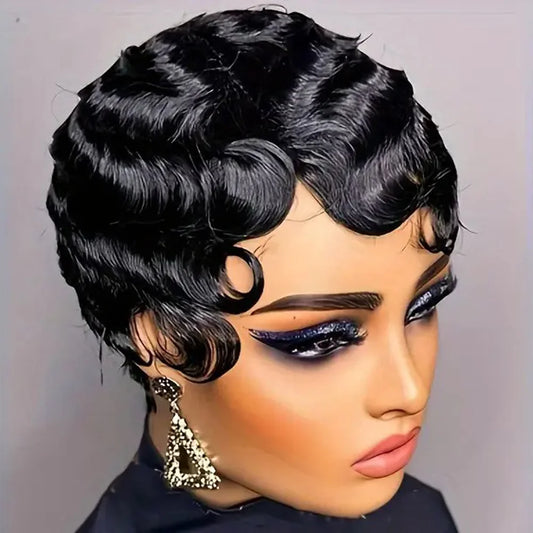 Short Finger Wave Wig Human Hair Wig For Women Brown Short