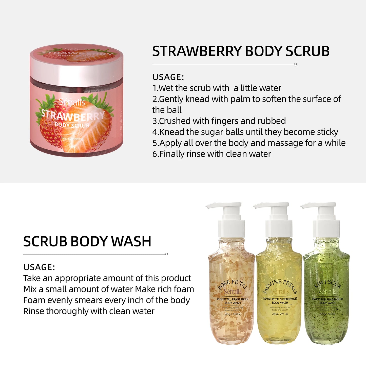 Rose Jasmine Kiwi Shower Gel 3pcs + Strawberry Body Scrub 150g