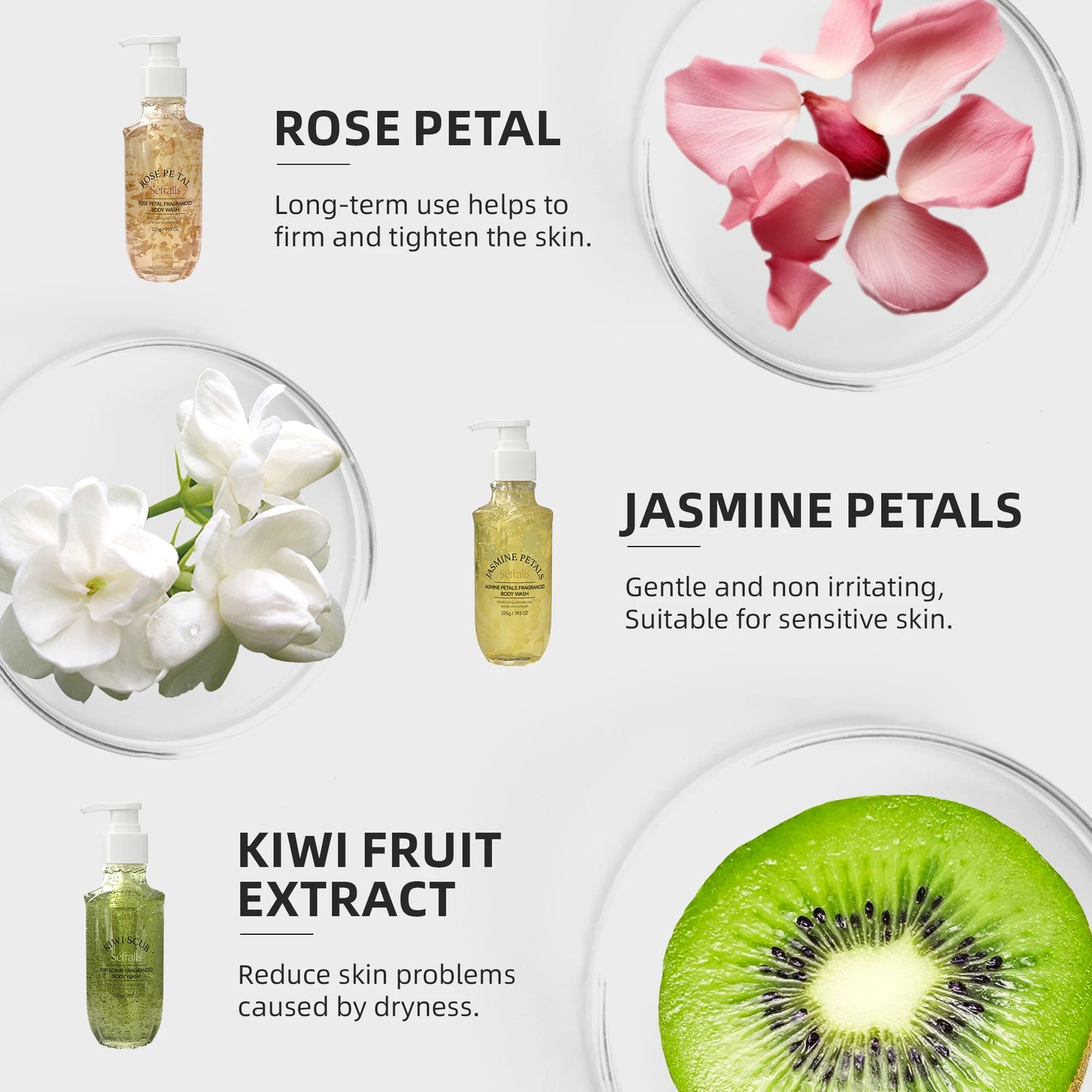 Rose Jasmine Kiwi Shower Gel 3pcs + Strawberry Body Scrub 150g