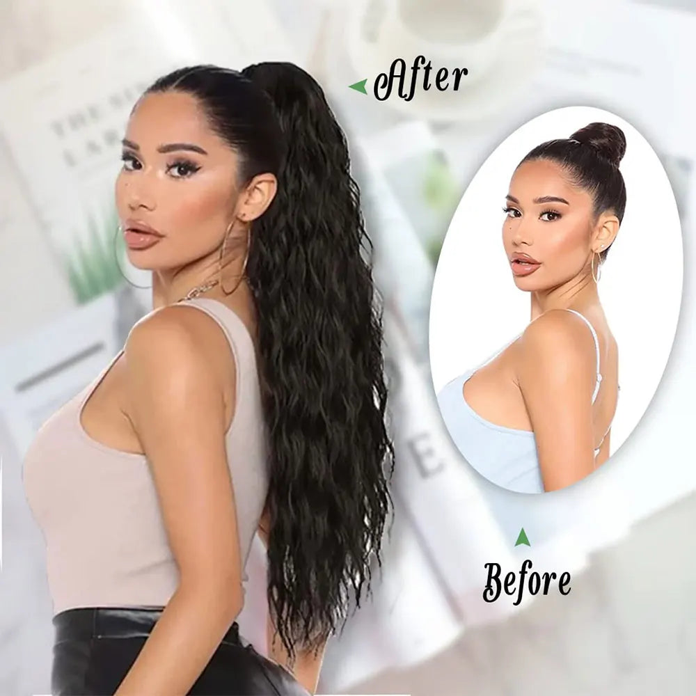 32" Long Curly Drawstring Ponytail Synthetic Hairpiece for Women Blonde Black Ponytail Clip in Hair Extensions for Daily Cosplay