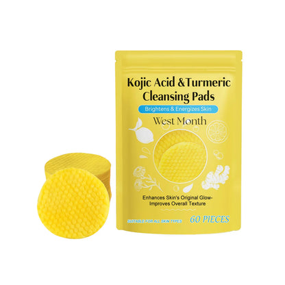 60pcs Kojic Acid Turmeric Exfoliating Cleansing Pads Glow Facial Wash Remove Dead Skin Acne Melanin Hydrate Face Pads