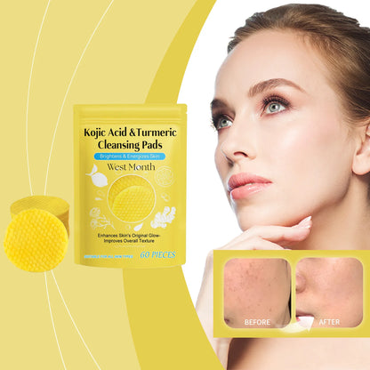 60pcs Kojic Acid Turmeric Exfoliating Cleansing Pads Glow Facial Wash Remove Dead Skin Acne Melanin Hydrate Face Pads