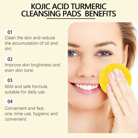 60pcs Kojic Acid Turmeric Exfoliating Cleansing Pads Glow Facial Wash Remove Dead Skin Acne Melanin Hydrate Face Pads
