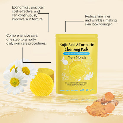 60pcs Kojic Acid Turmeric Exfoliating Cleansing Pads Glow Facial Wash Remove Dead Skin Acne Melanin Hydrate Face Pads