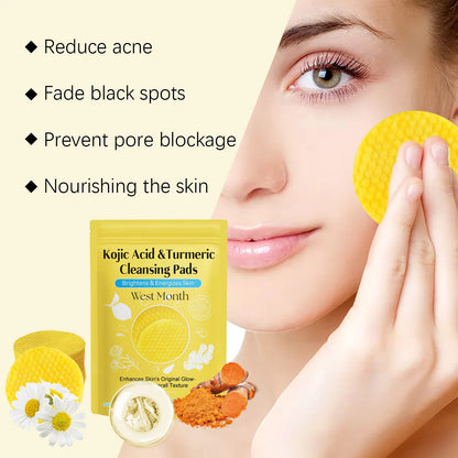 60pcs Kojic Acid Turmeric Exfoliating Cleansing Pads Glow Facial Wash Remove Dead Skin Acne Melanin Hydrate Face Pads