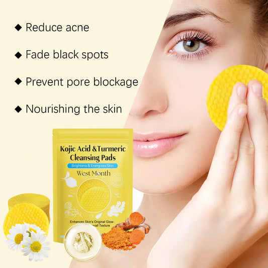 60pcs Kojic Acid Turmeric Exfoliating Cleansing Pads Glow Facial Wash Remove Dead Skin Acne Melanin Hydrate Face Pads