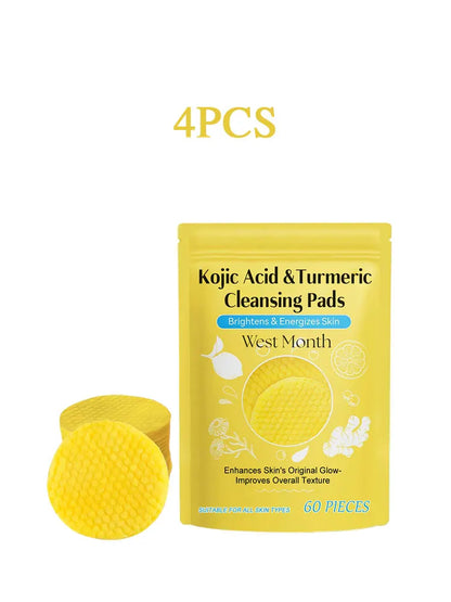 60pcs Kojic Acid Turmeric Exfoliating Cleansing Pads Glow Facial Wash Remove Dead Skin Acne Melanin Hydrate Face Pads
