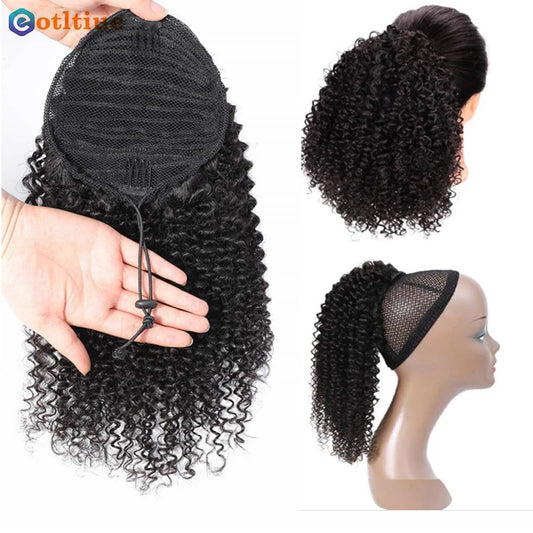 Kinky Curly Hair Extensions Drawstring Puff Ponytail Brazilian Real Human