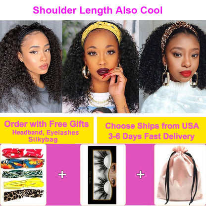 Brazilian Kinky Curly Headband Wigs Human Hair 8-30 Inch Remy Kinky Curly Human Hair Wigs For Women Easy to Wear 180% Yarra Hair