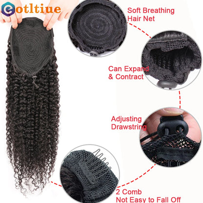 Kinky Curly Hair Extensions Drawstring Puff Ponytail Brazilian Real Human