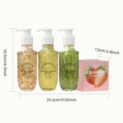 Rose Jasmine Kiwi Shower Gel 3pcs + Strawberry Body Scrub 150g