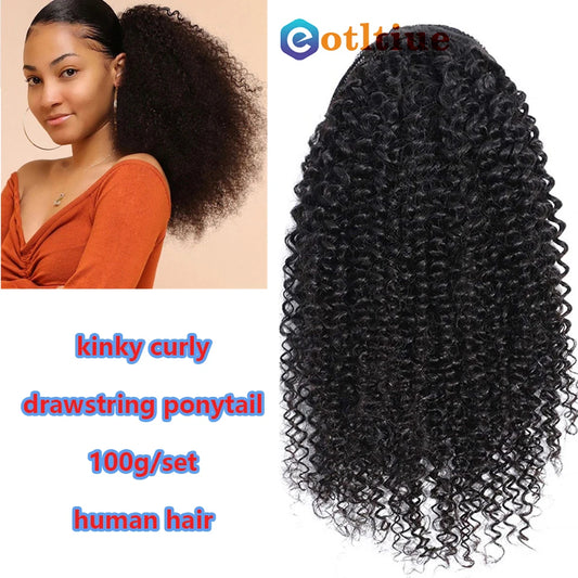 Kinky Curly Hair Extensions Drawstring Puff Ponytail Brazilian Real Human